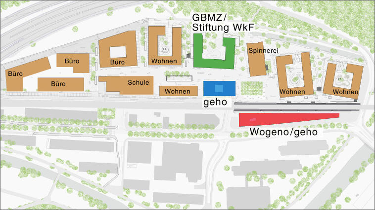 Lageplan der Greencity-Siedlung mit Wohngebäuden (Miete + Eigentum), Büros, Schule und Genossenschaftswohnungen