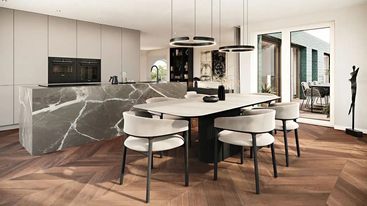 Modern kitchen with waterfall island and concealed kitchen wall